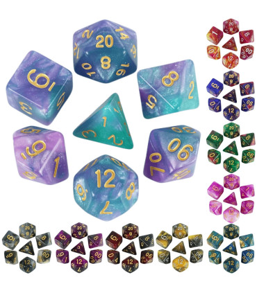 [Bleu] Jeu de dés polyédriques colorés sur le thème de la galAct, pour petits déjeuners du MDN,