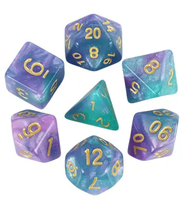 [Bleu] Jeu de dés polyédriques colorés sur le thème de la galAct, pour petits déjeuners du MDN,