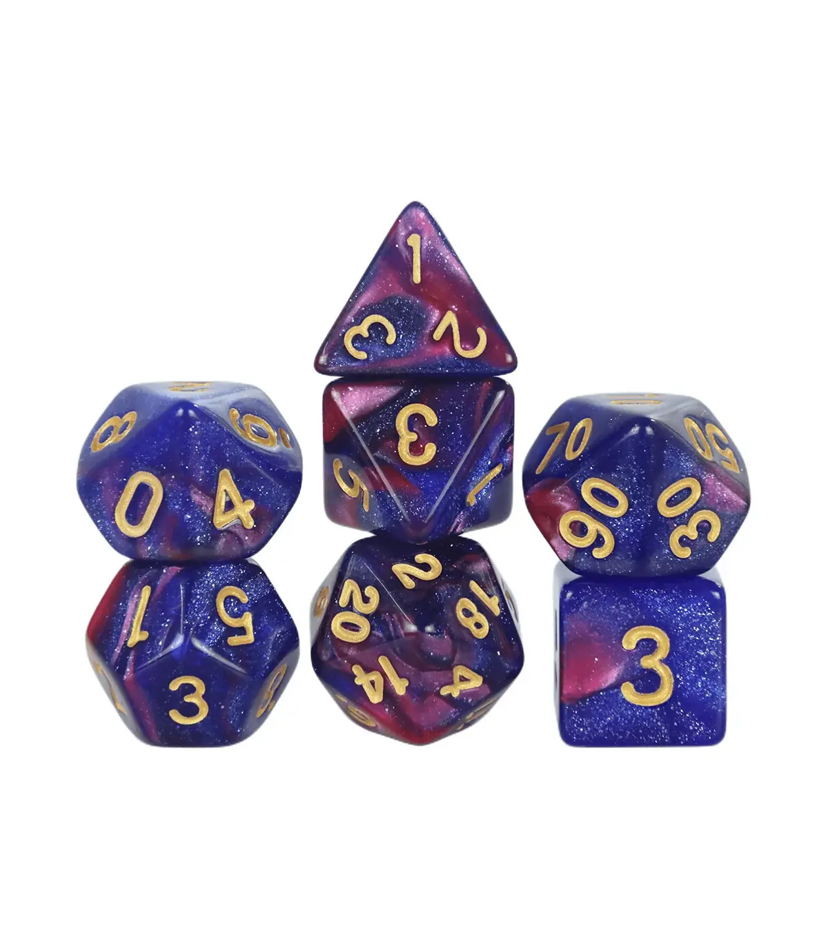 [Violet] Jeu de dés polyédriques colorés sur le thème de la galAct, pour petits déjeuners du MD