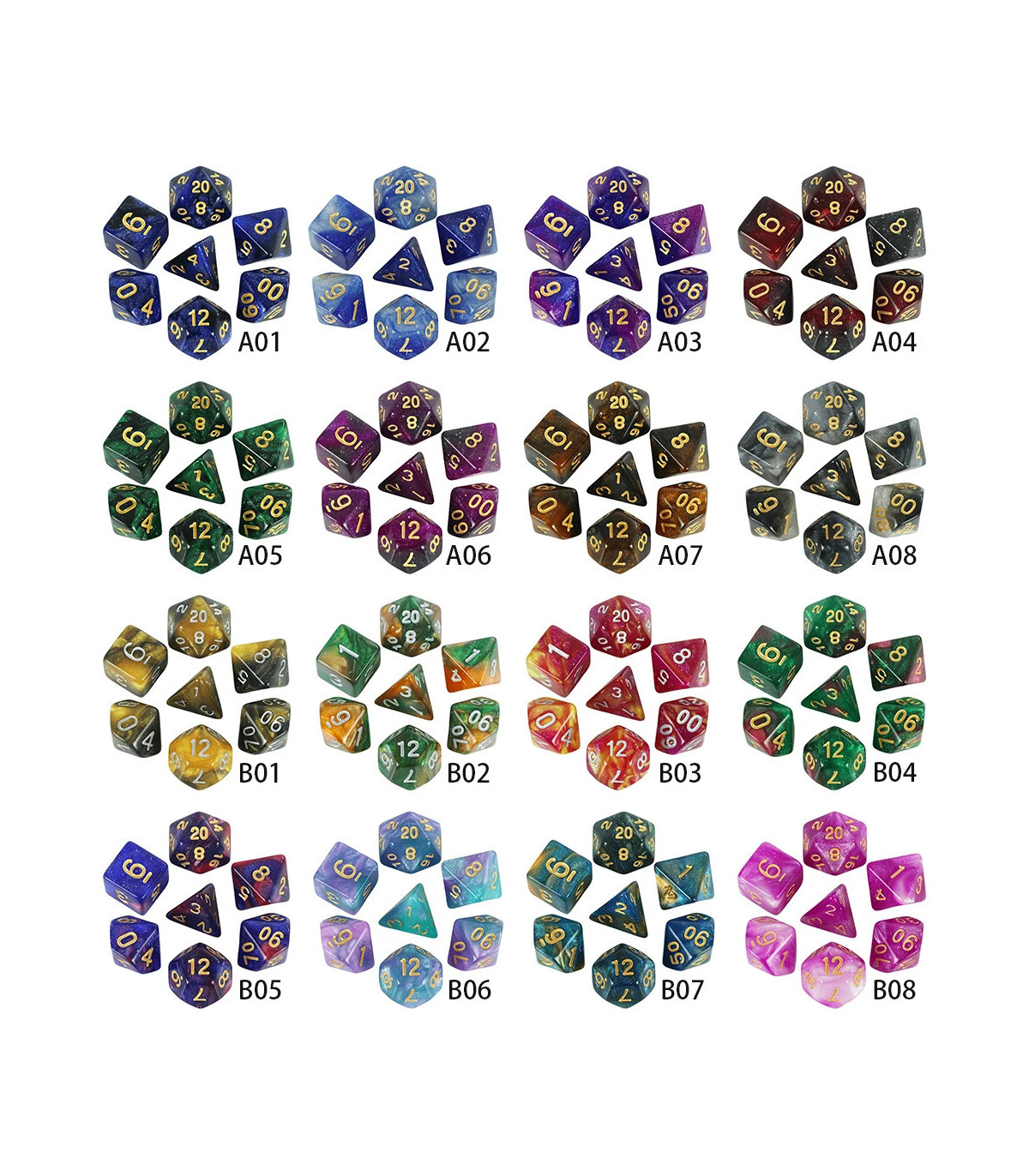 [Violet] Jeu de dés polyédriques colorés sur le thème de la galAct, pour petits déjeuners du MD