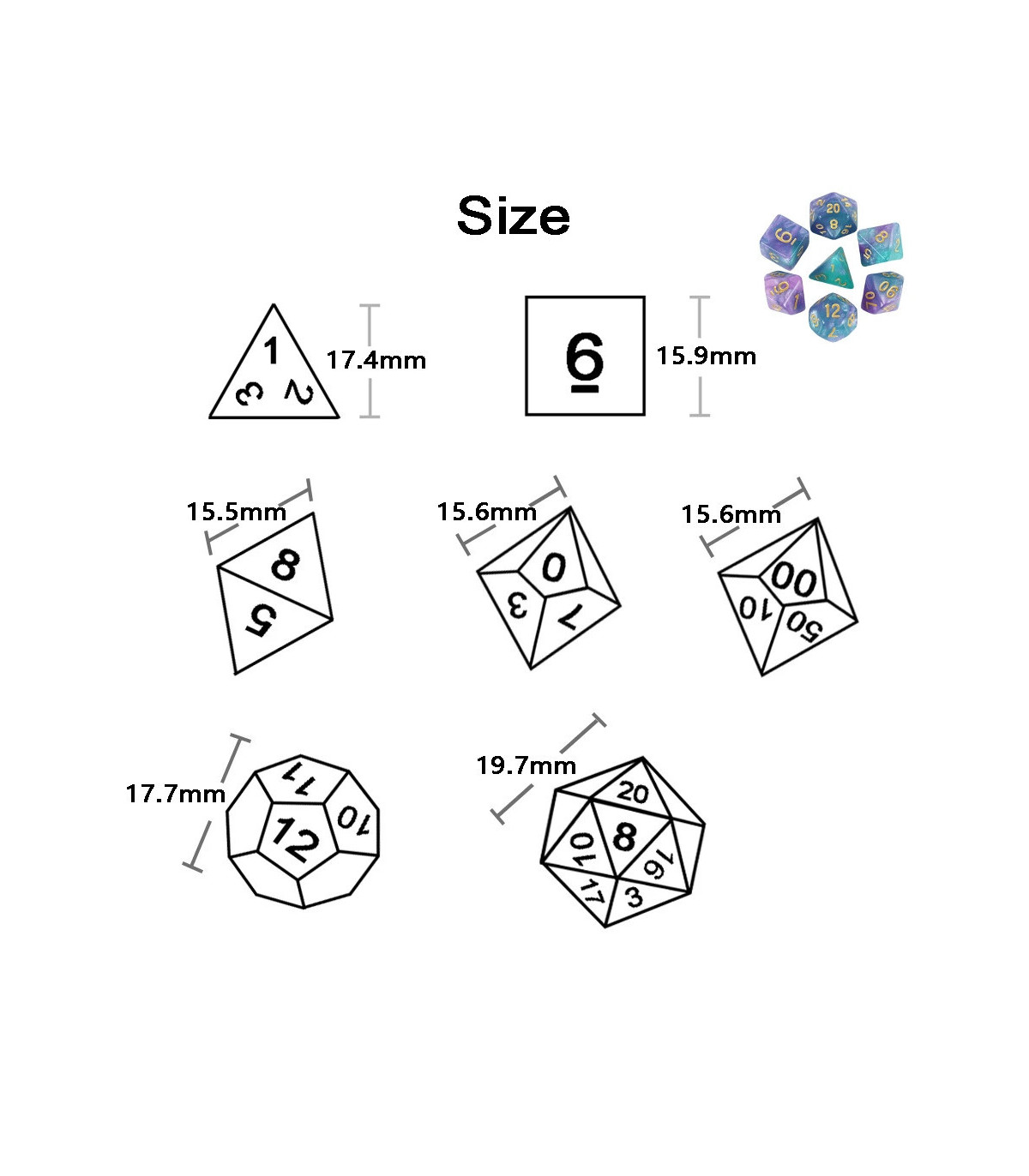 [Violet] Jeu de dés polyédriques colorés sur le thème de la galAct, pour petits déjeuners du MD