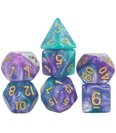 [Violet] Jeu de dés polyédriques colorés sur le thème de la galAct, pour petits déjeuners du MD