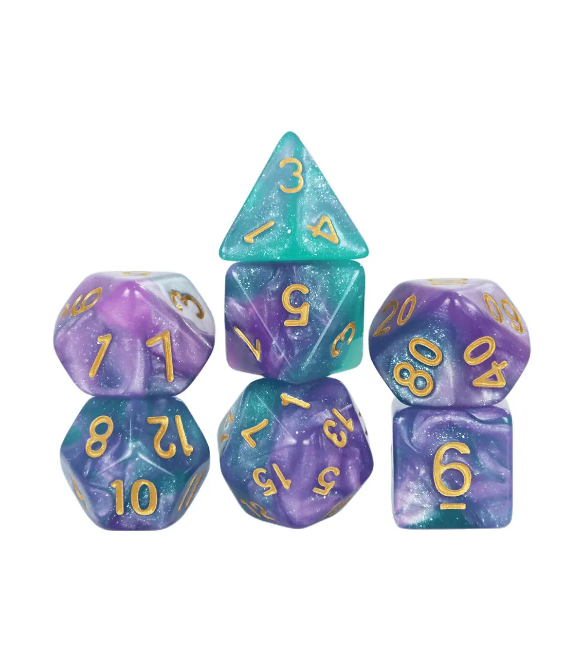 [Violet] Jeu de dés polyédriques colorés sur le thème de la galAct, pour petits déjeuners du MD