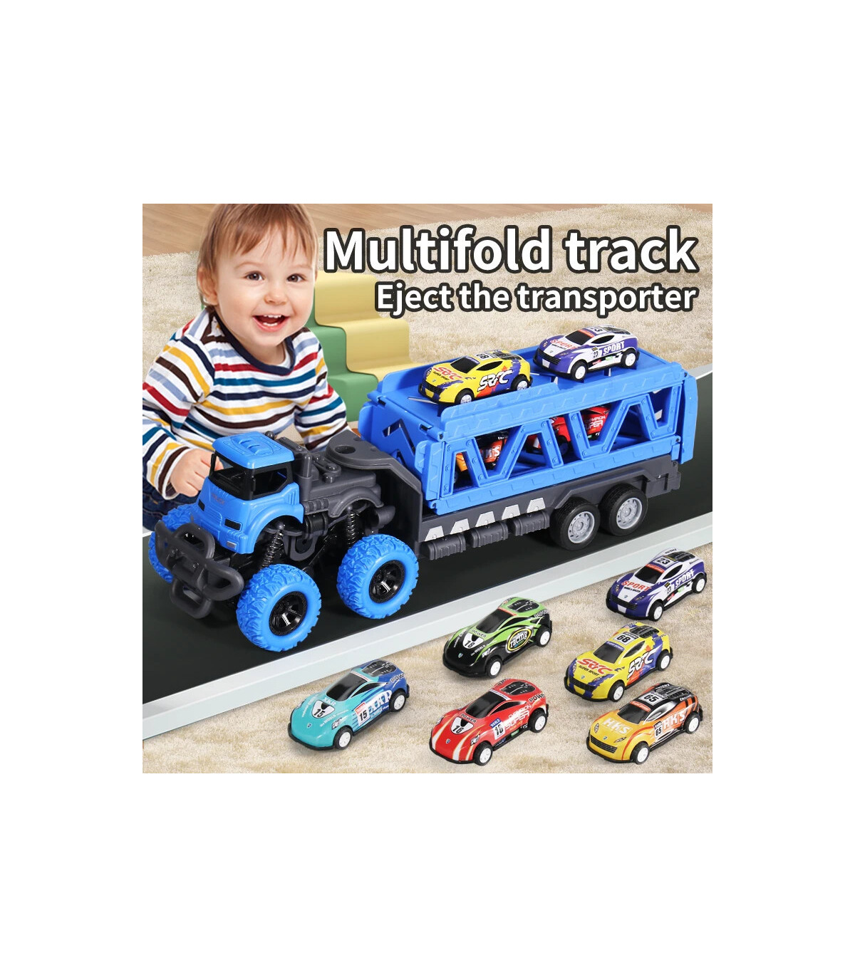 [Container car yellow] Grand camion pliable à éjection de voiture sur Rail déformable, jouets p