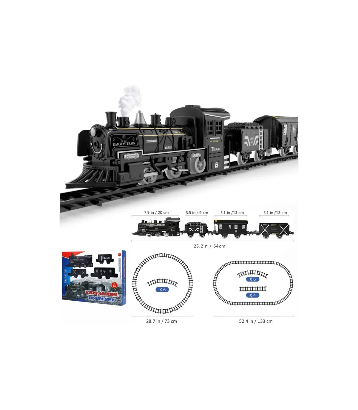 [135x75cm - Battery] Train de fret amusant pour chemin de fer, Locomotive à vapeur d\'eau, ensem