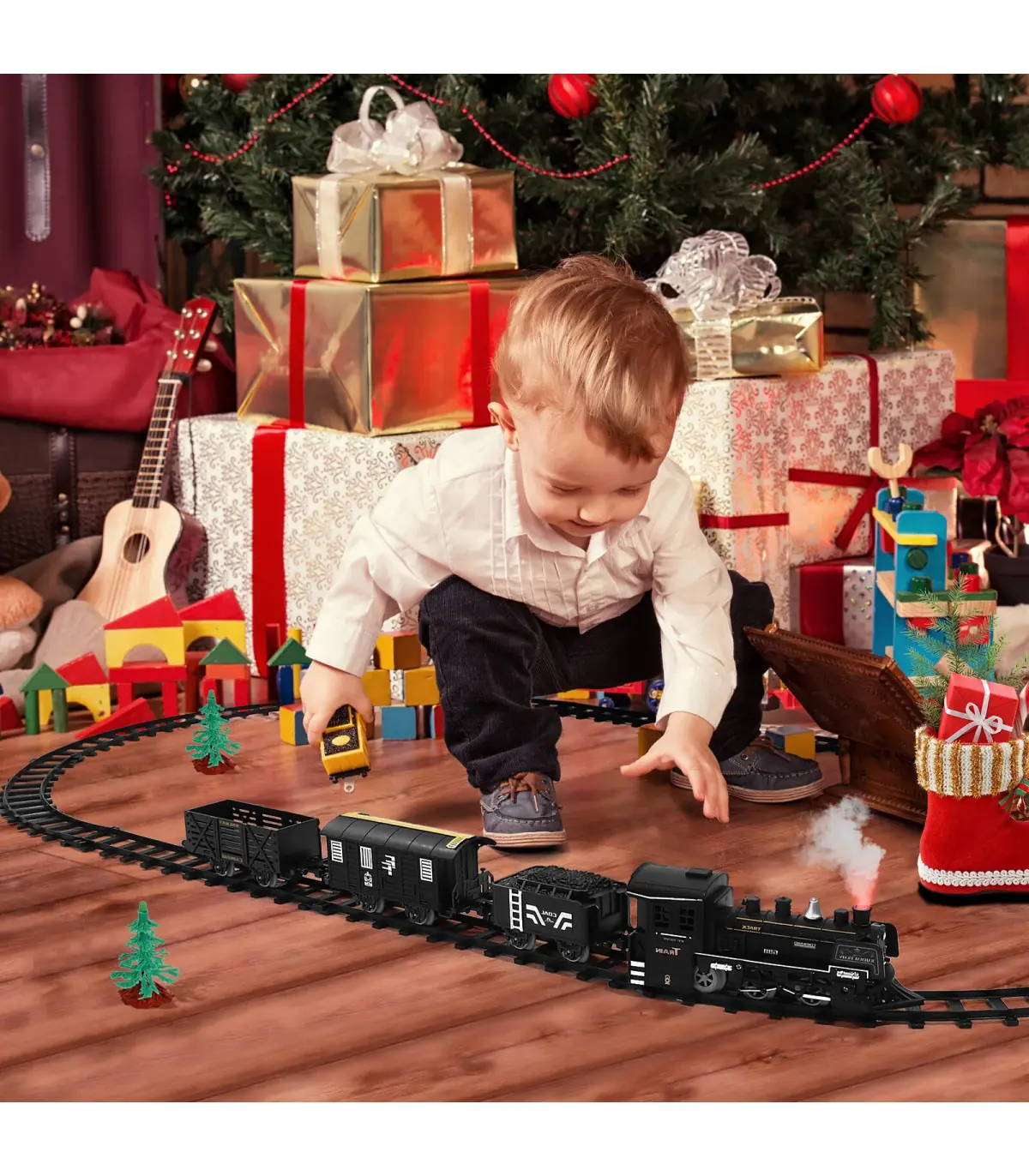 [135x75cm - Battery] Train de fret amusant pour chemin de fer, Locomotive à vapeur d\'eau, ensem