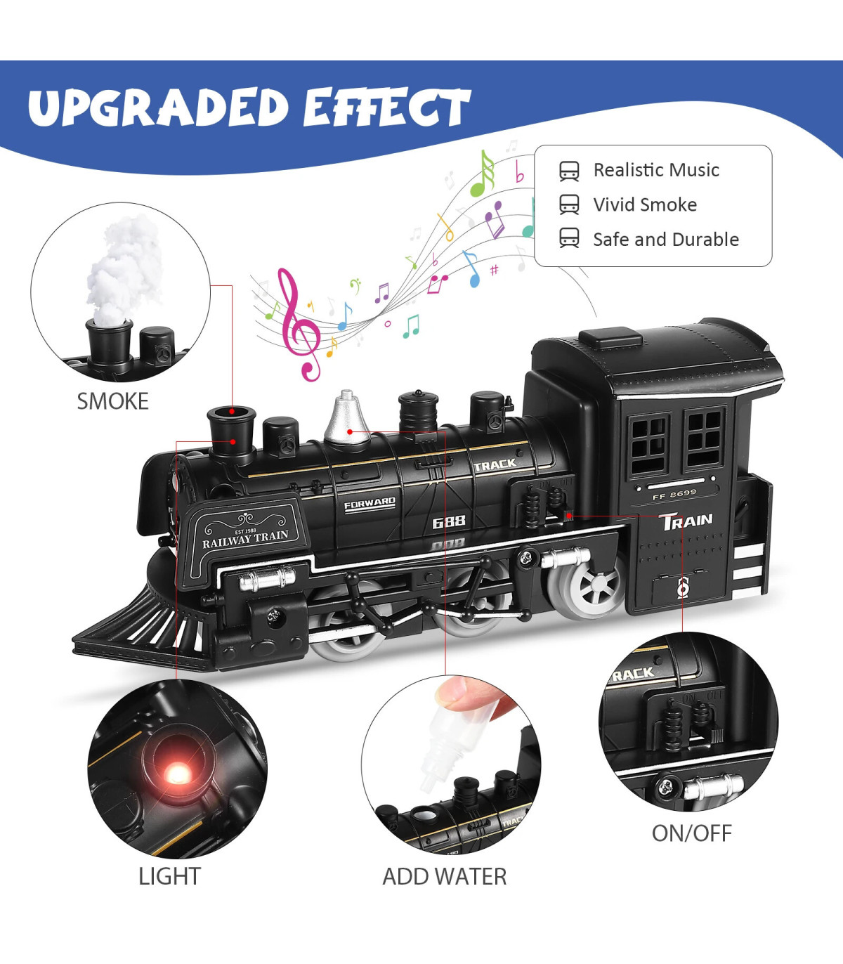 [195x75cm-rechargeabl] Train de fret amusant pour chemin de fer, Locomotive à vapeur d\'eau, ens