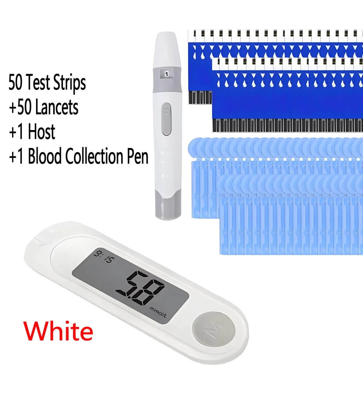 [White] Compteur de glycémie, Kit de test du diabète, Machine à lancette du diabète, glucomètre