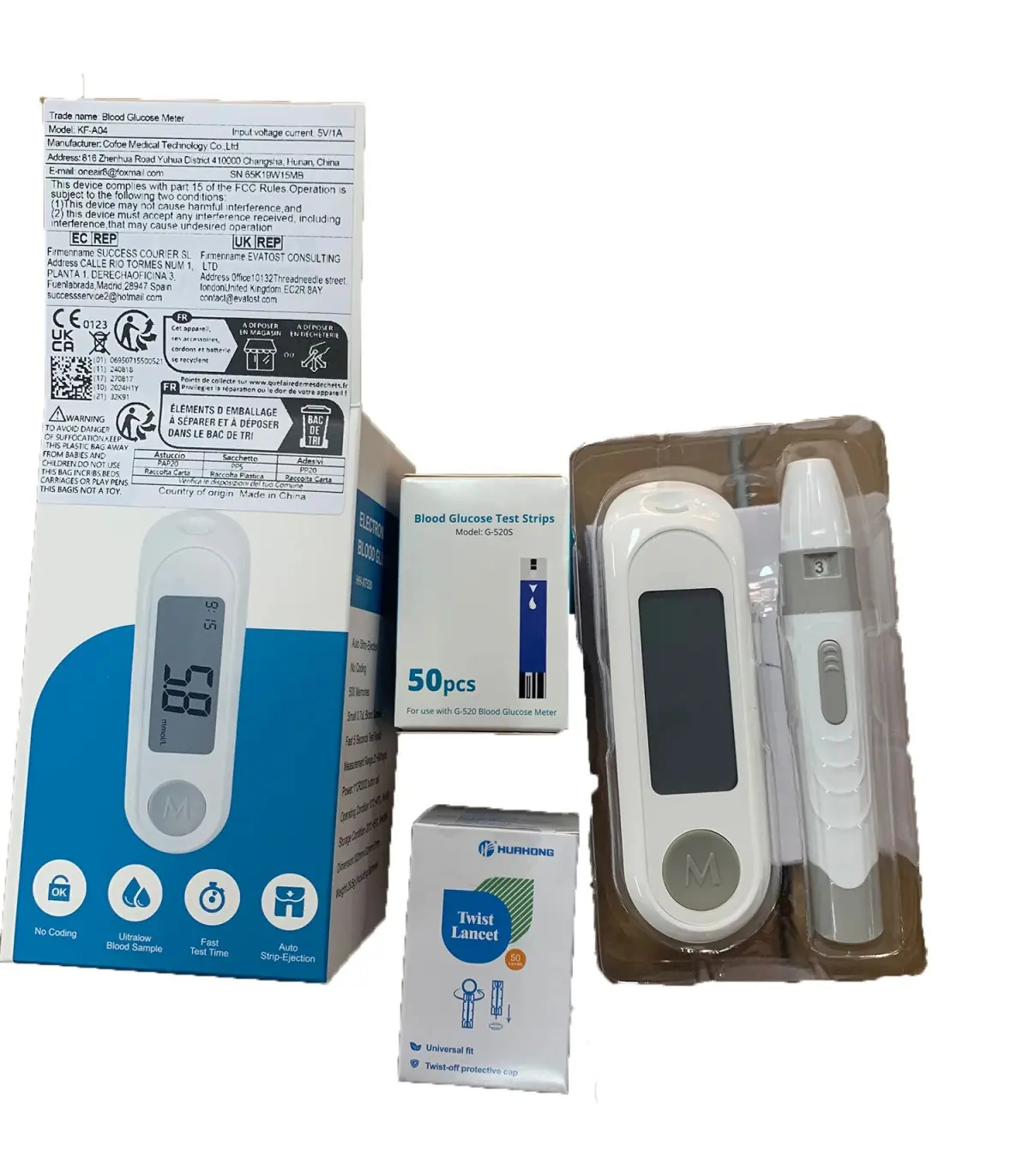 [White] Compteur de glycémie, Kit de test du diabète, Machine à lancette du diabète, glucomètre