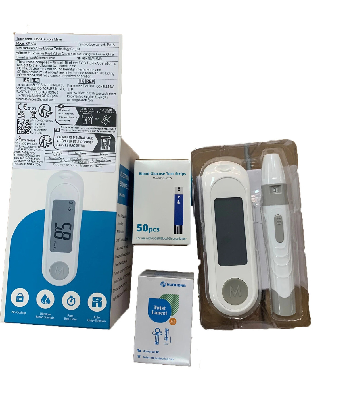 [White] Compteur de glycémie, Kit de test du diabète, Machine à lancette du diabète, glucomètre