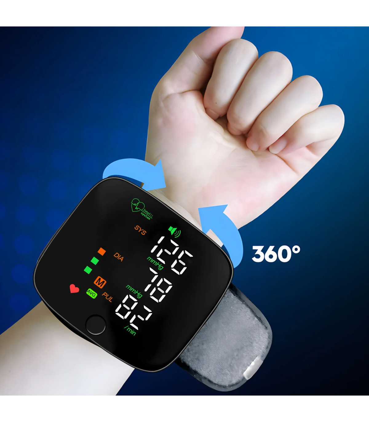 [Black] Nouveau moniteur de pression artérielle au poignet LED Rechargeable sans voix anglaise 