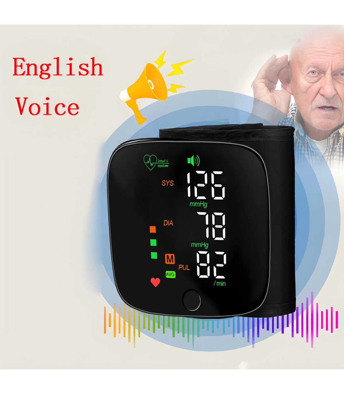 [Black] Nouveau moniteur de pression artérielle au poignet LED Rechargeable sans voix anglaise 