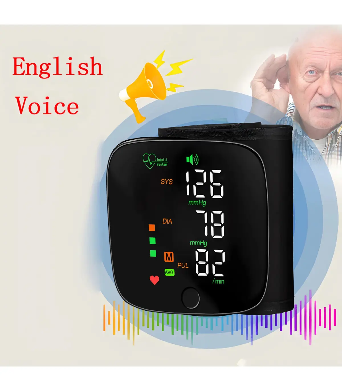 [Black] Nouveau moniteur de pression artérielle au poignet LED Rechargeable sans voix anglaise 