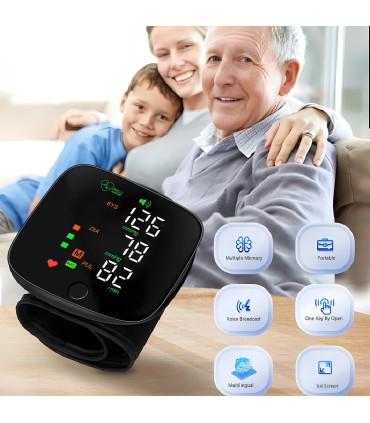 [Black] Nouveau moniteur de pression artérielle au poignet LED Rechargeable sans voix anglaise 