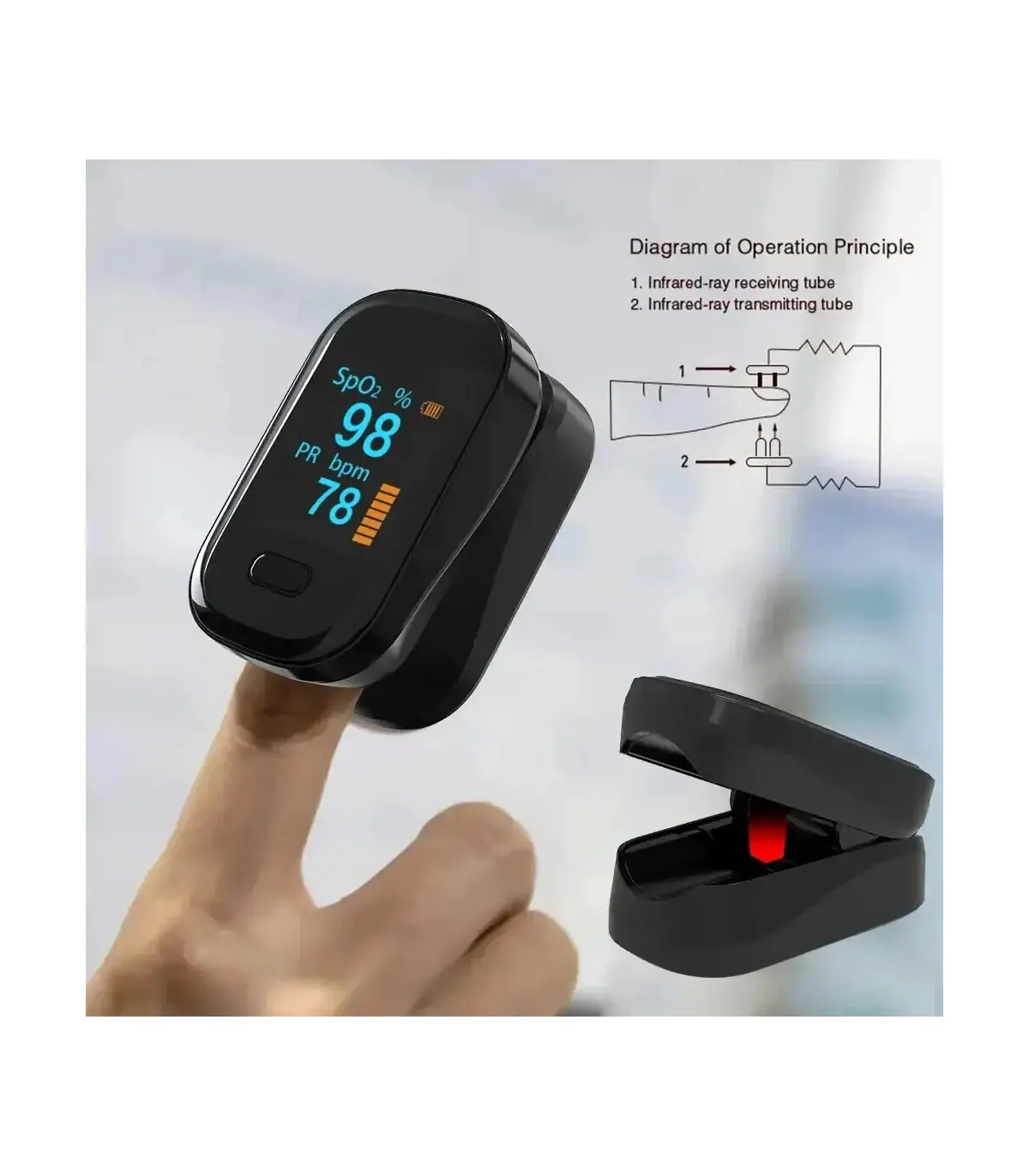 [Black] Oxymètre de pouls au doigt, appareil médical portable, compteur de saturation de la fré