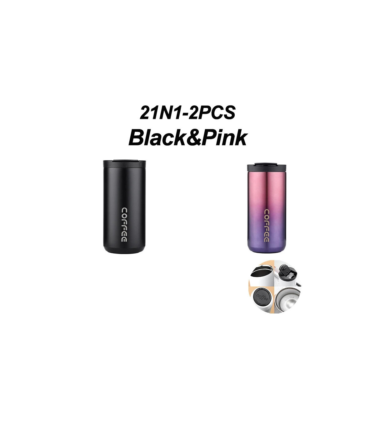Bouteille thermos acier inoxydable noir et rose