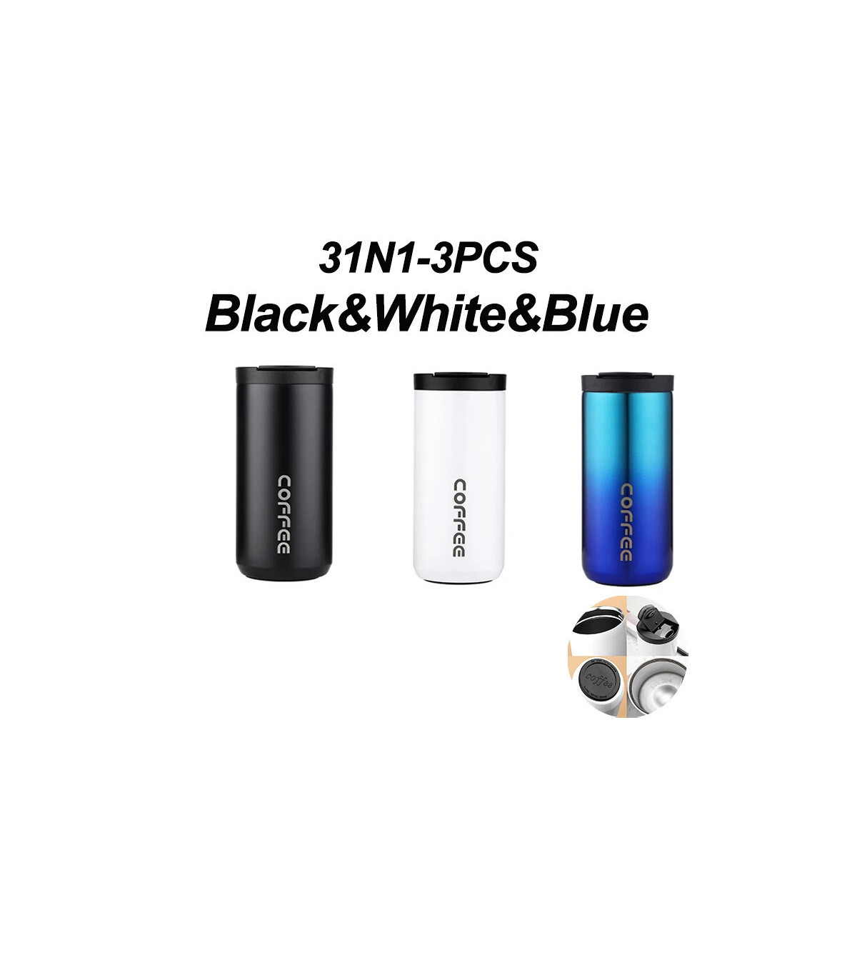 [Black-White-Blue 500ML] Bouteille Thermos à café en acier inoxydable de 400ML, tasse thermique