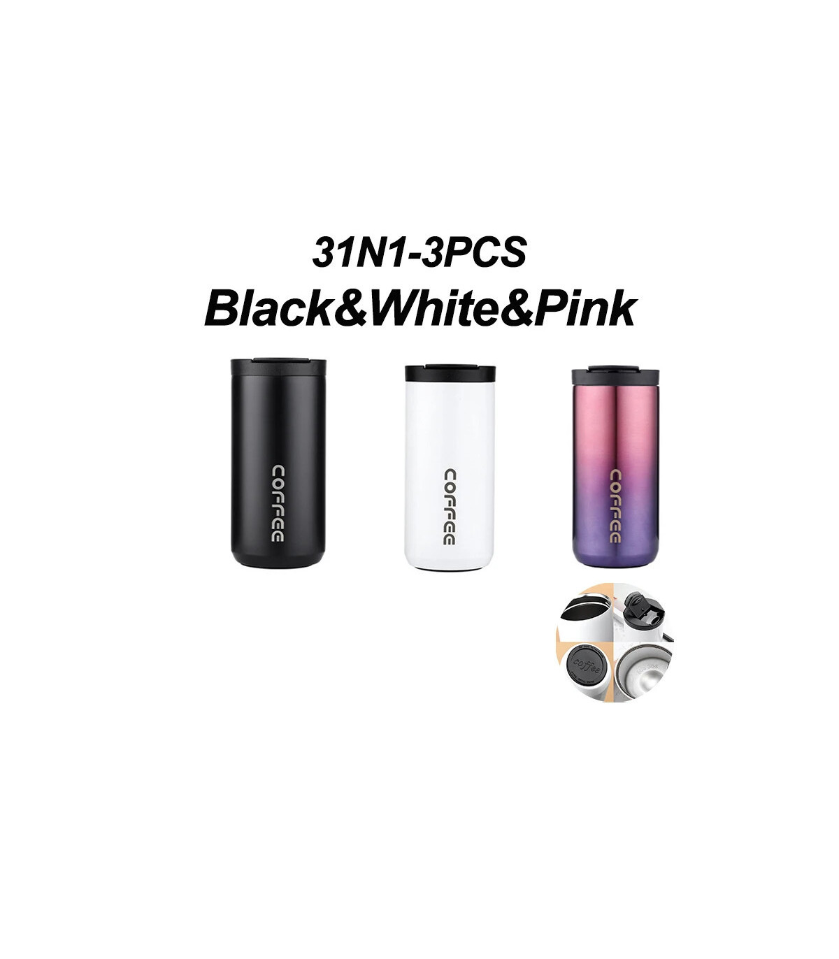 [Black-White-Pink 500ML] Bouteille Thermos à café en acier inoxydable de 400ML, tasse thermique