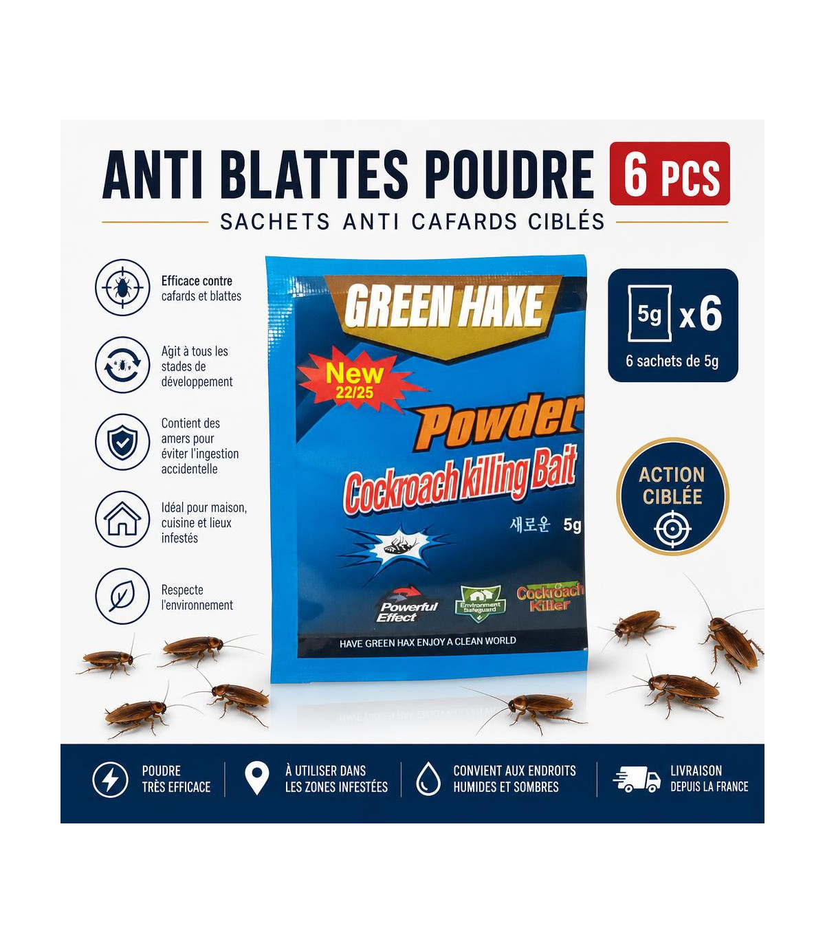 Anti blattes poudre 6 pcs - sachets anti cafards ciblés - AI image 1