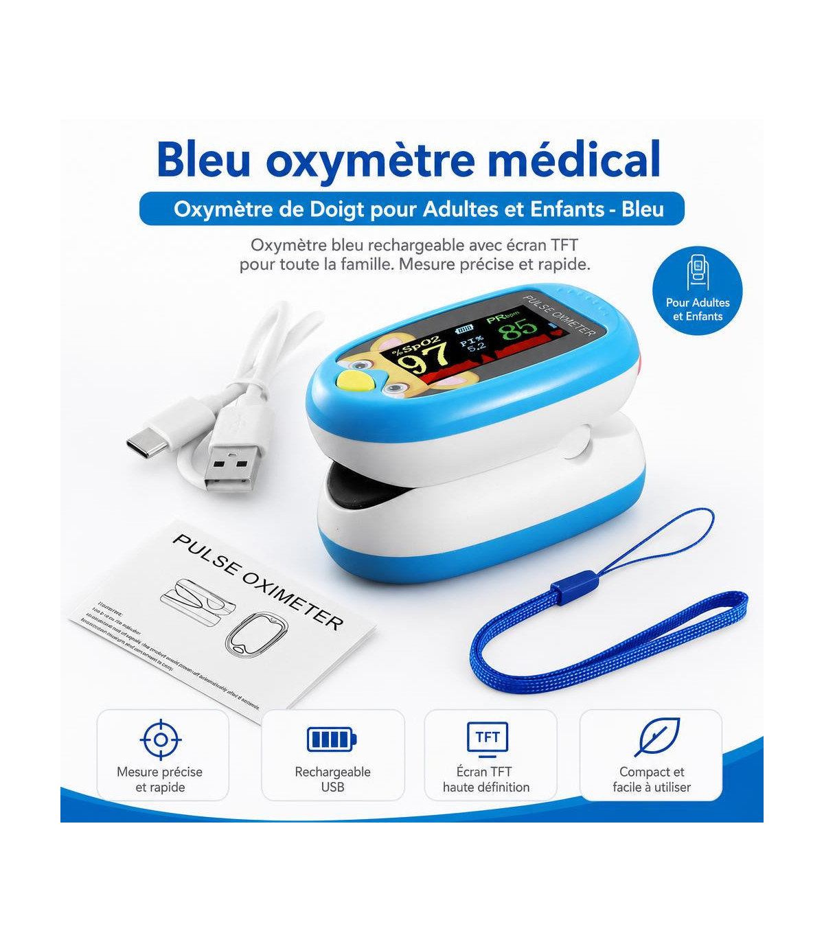 Bleu oxymètre médical - Oxymètre de Doigt pour Adultes et Enfants - Bleu - AI image 1