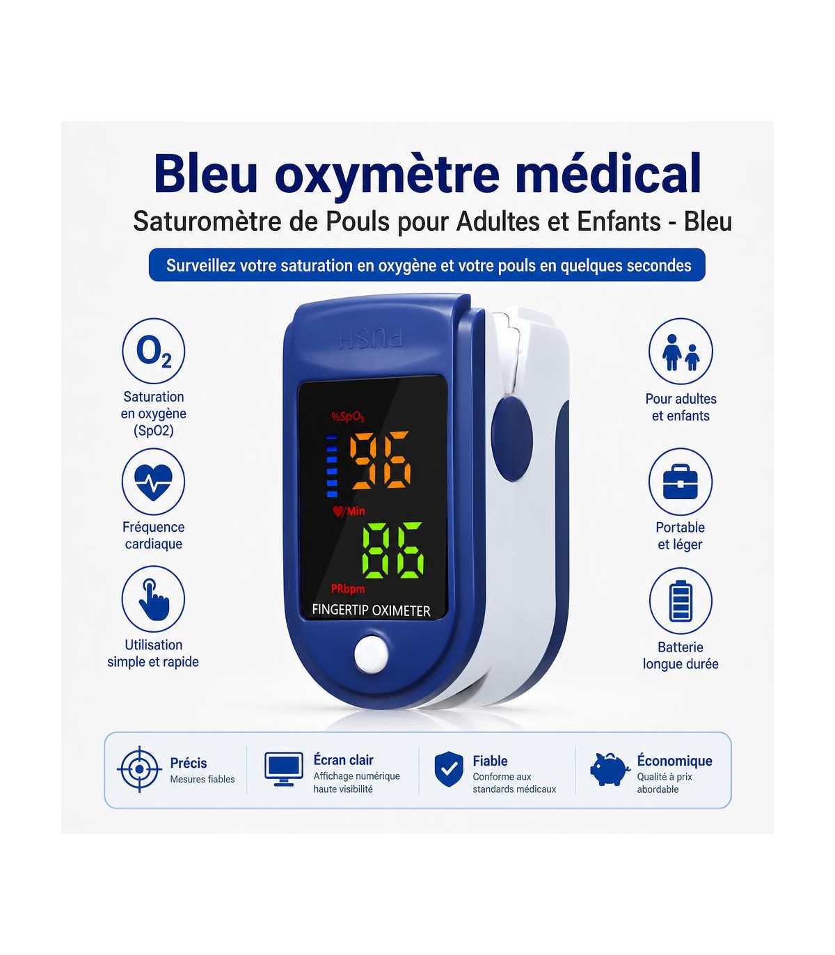 Bleu oxymètre médical - Saturomètre de Pouls pour Adultes et Enfants - Bleu - AI image 1