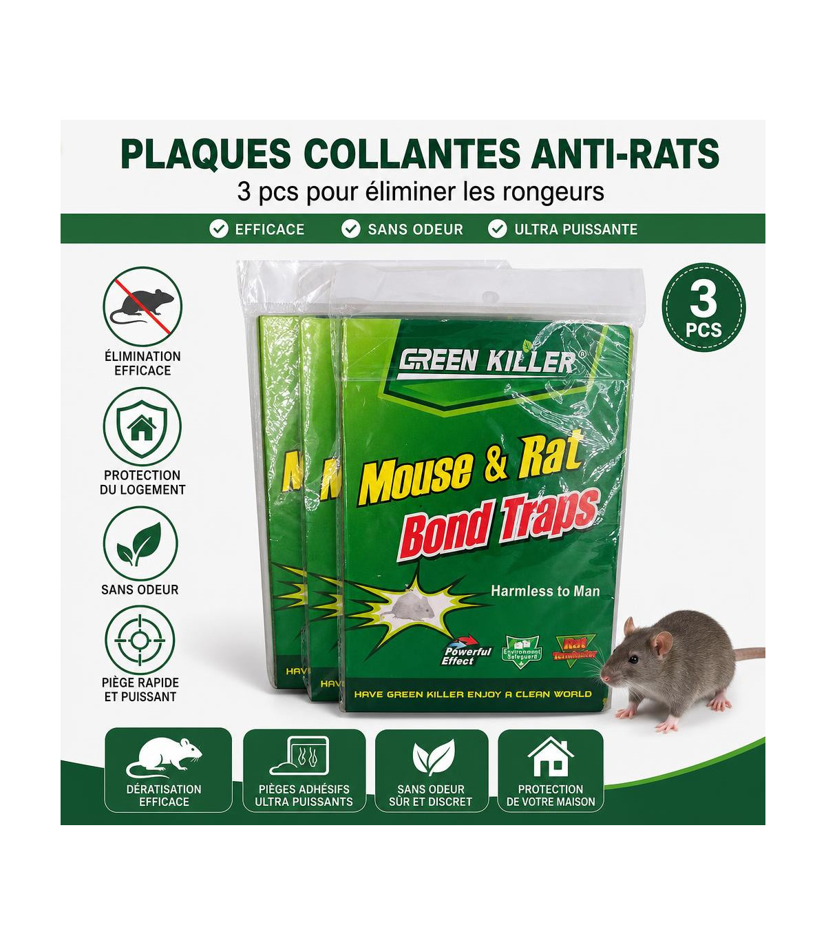 Plaques Collantes Anti-Rats - 3 pcs pour éliminer les rongeurs - AI image 1