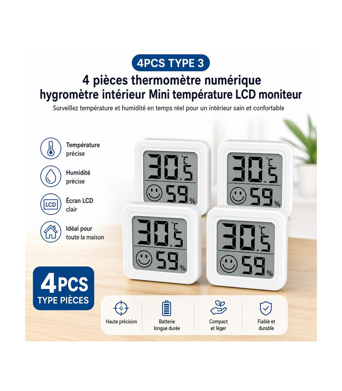 [4PCS Type 3] 4 pièces thermomètre numérique hygromètre intérieur Mini température LCD moniteur - AI image 1