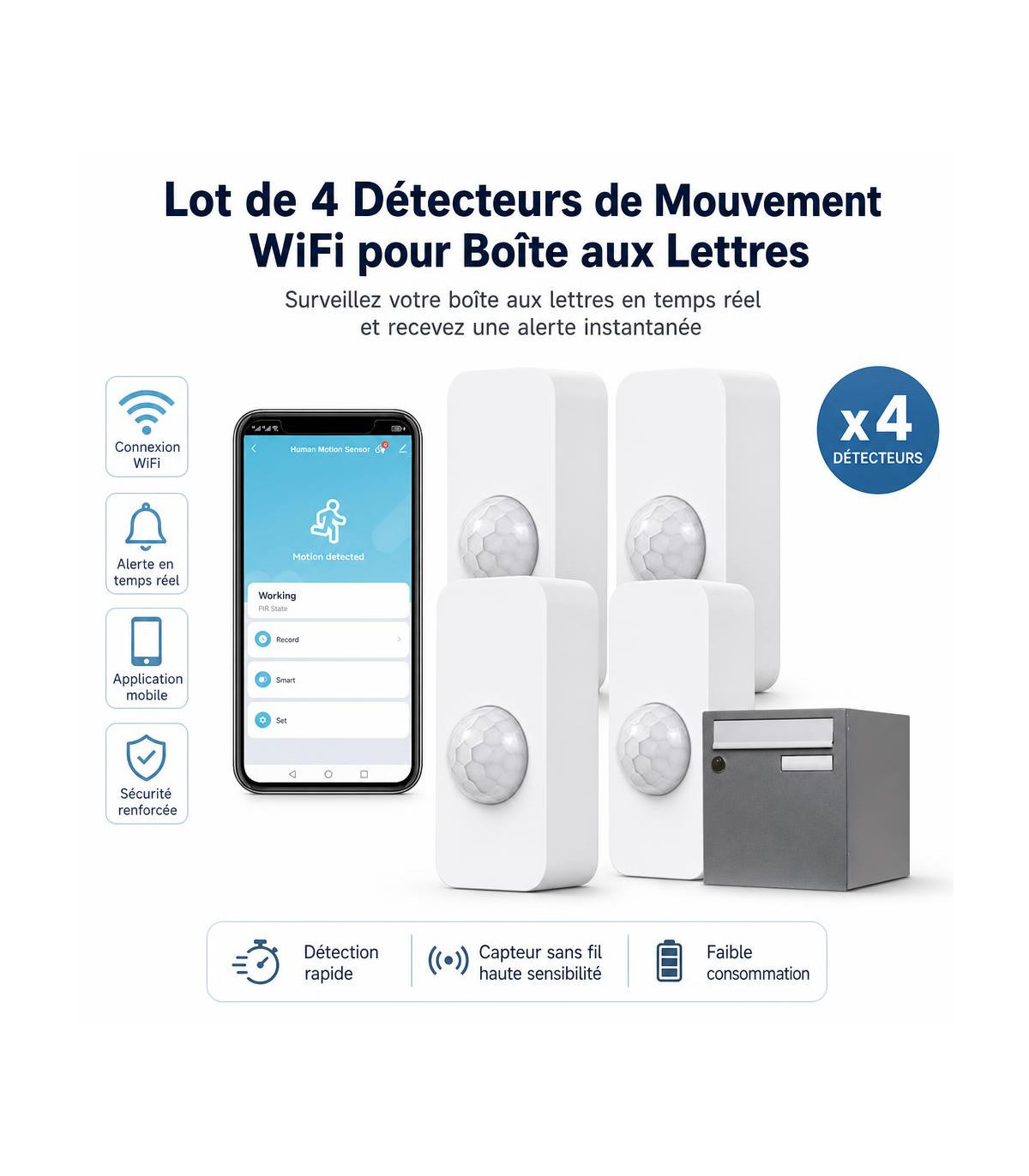 Détecteurs mouvement - Lot de 4 Détecteurs de Mouvement WiFi pour Boîte aux Lettres - AI image 1
