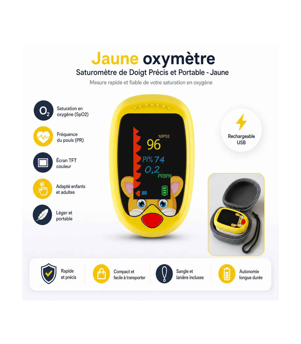 Jaune oxymètre - Saturomètre de Doigt Précis et Portable - Jaune - AI image 1