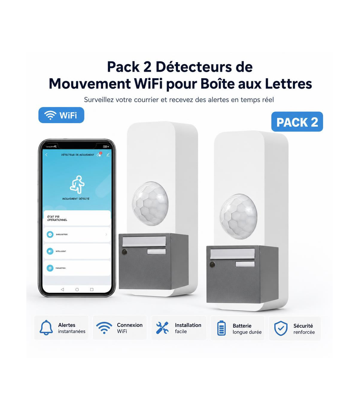 Pack 2 détecteurs mouvement courrier - Pack 2 Détecteurs de Mouvement WiFi pour Boîte aux Lettres - AI image 1