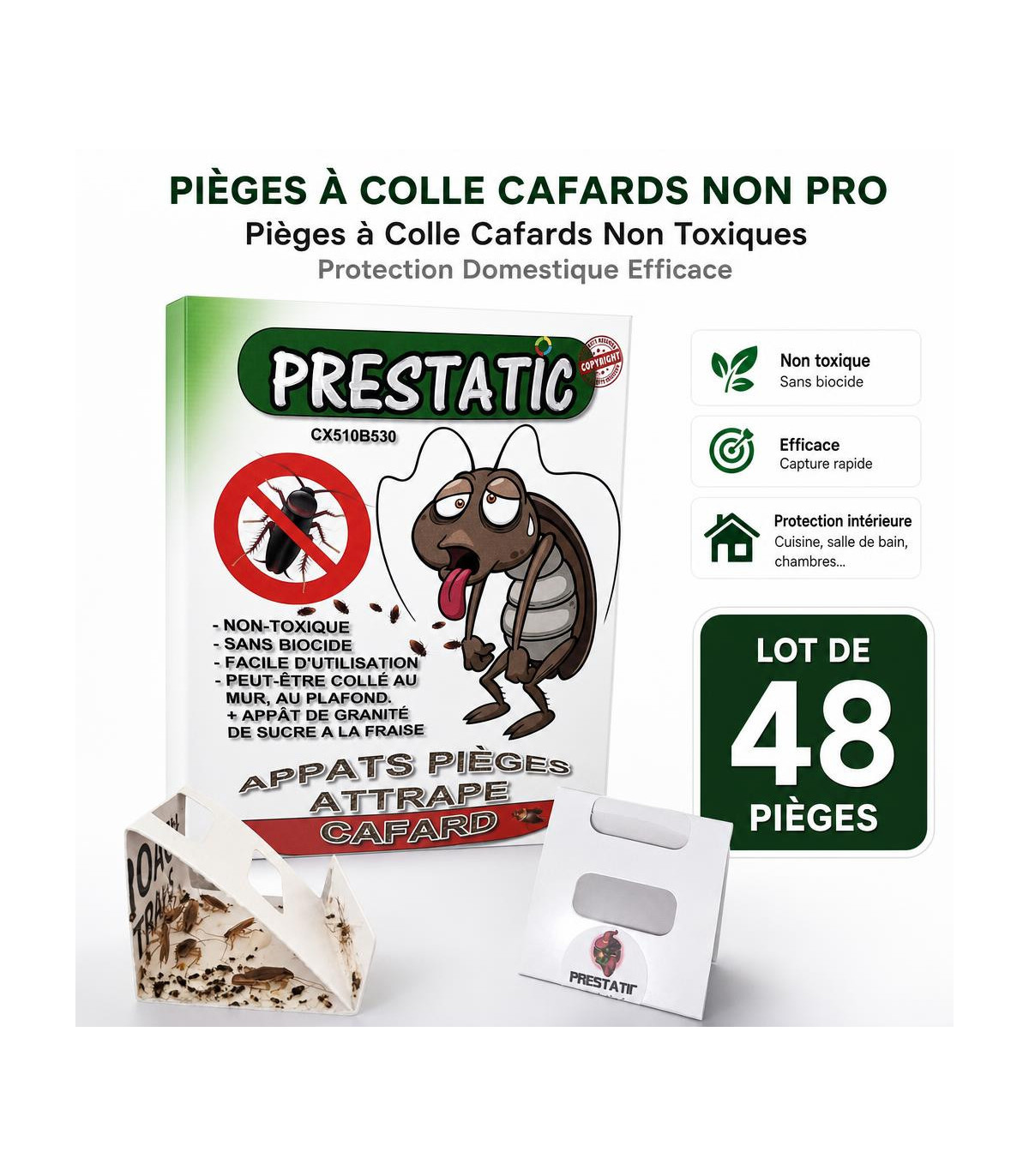 Pièges à Colle Cafards Non pro - Pièges à Colle Cafards Non Toxiques - Protection Domestique Efficace, Lot de 48 - AI image 1