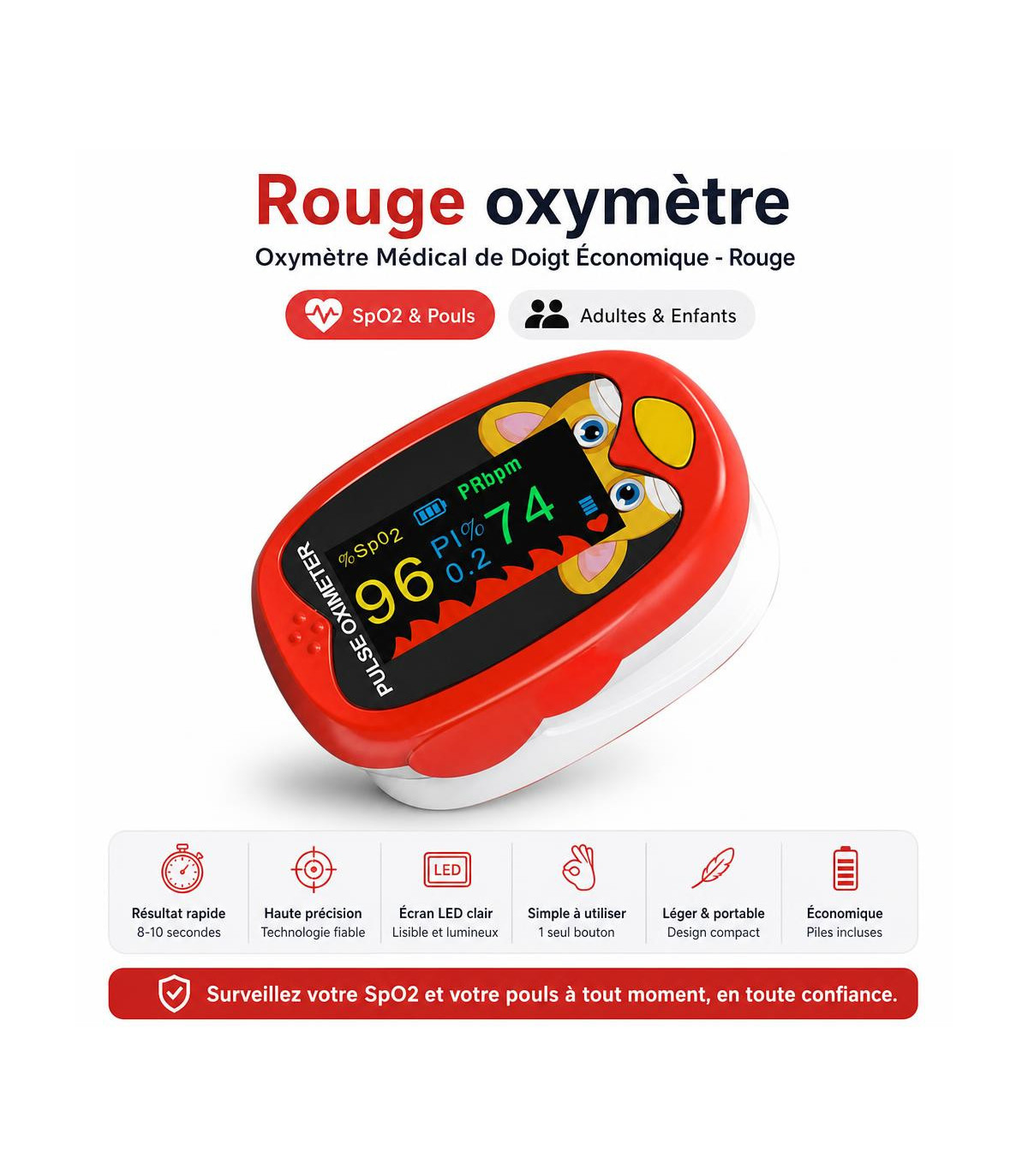 Rouge oxymètre - Oxymètre Médical de Doigt Économique - Rouge - AI image 1
