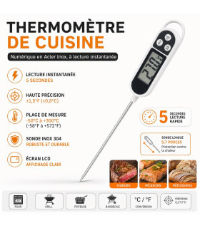 Thermomètre de Cuisine, Numérique en Acier Inox, à lecture instantanée - AI image 1