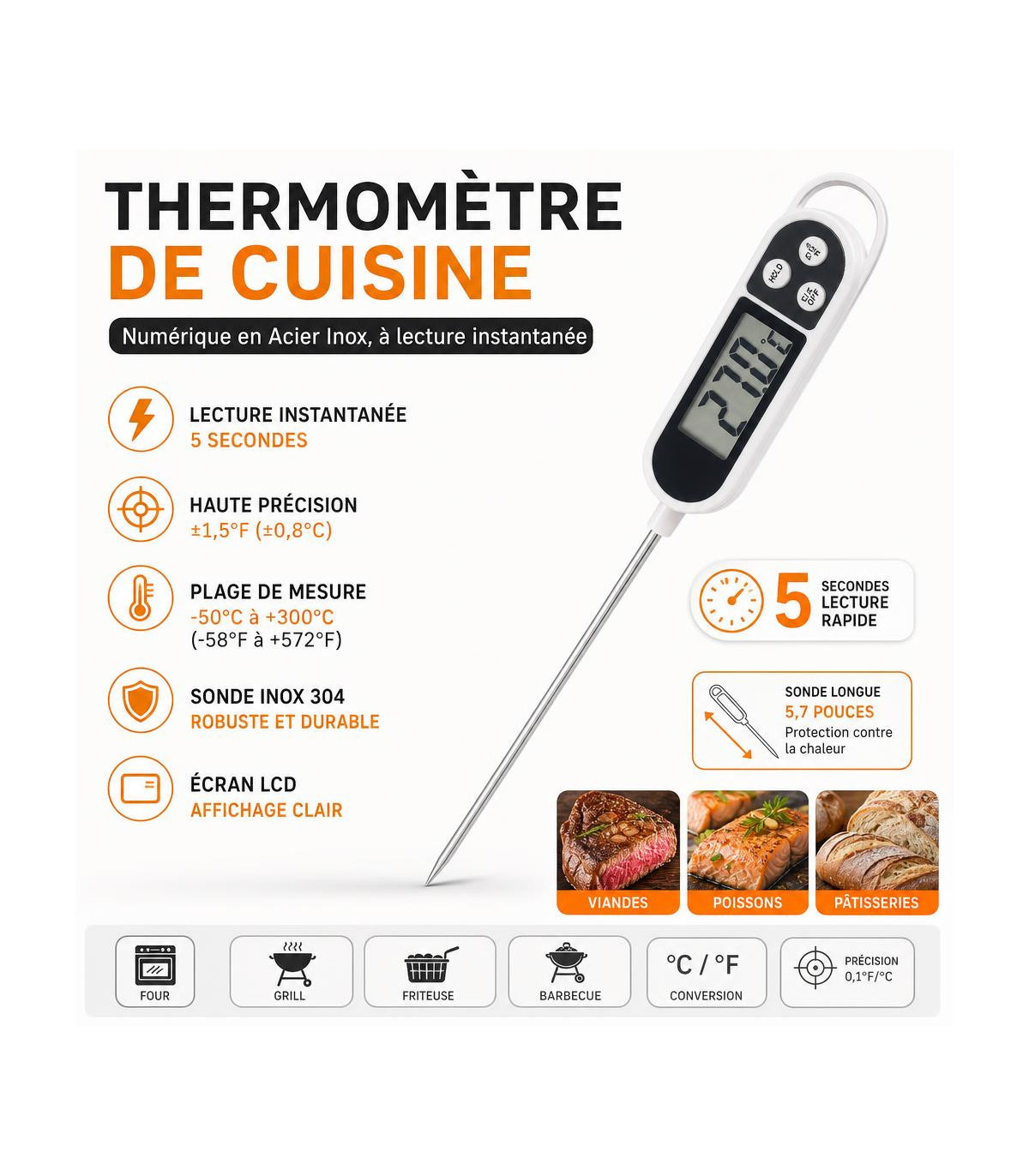 Thermomètre de Cuisine, Numérique en Acier Inox, à lecture instantanée - AI image 1