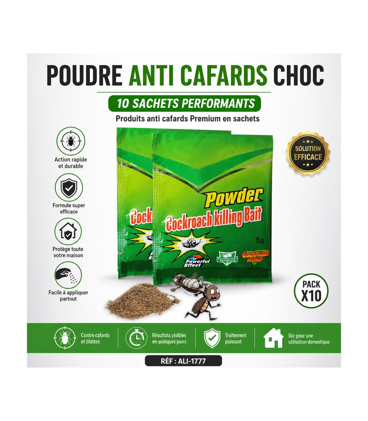 Insecticide en Poudre Anti Cafards - Poudre Anti Cafards, sachets verts, traitement efficace, lutte contre cafards