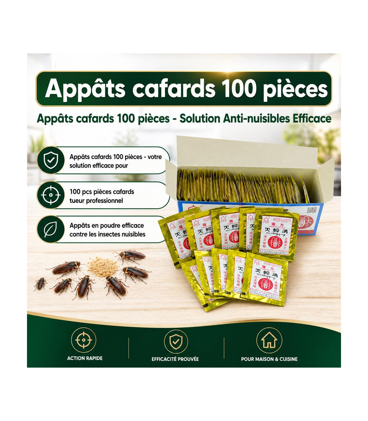 Appâts cafards 100 pièces - visuel principal du produit - avec texte integre - Produits anti cafards et anti blattes - Appâts ca