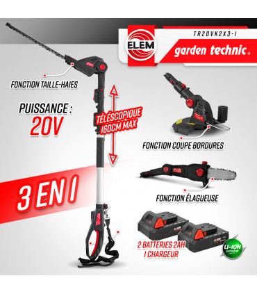 Tagliasiepi - Attrezzo da giardino multifunzione 3 in 1 a batteria da 20 V Fornito con 2